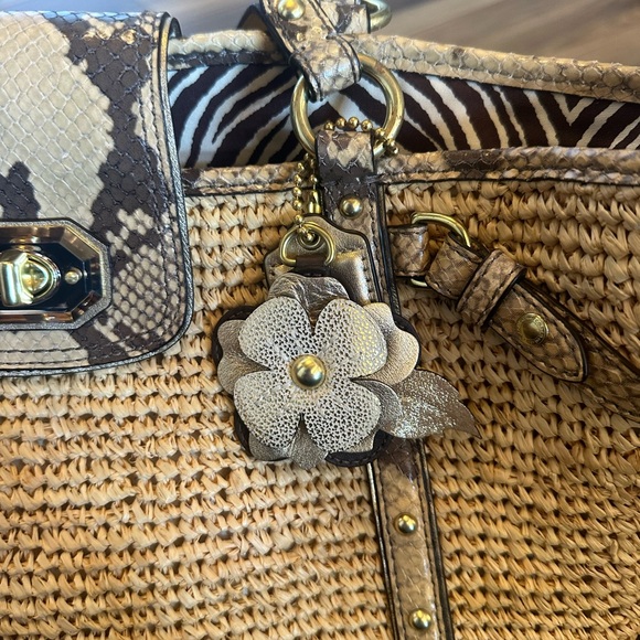 Coach Natalie Tan Straw Satchel w Python Print Leather Trim Tote Handbag - Picture 6 of 12